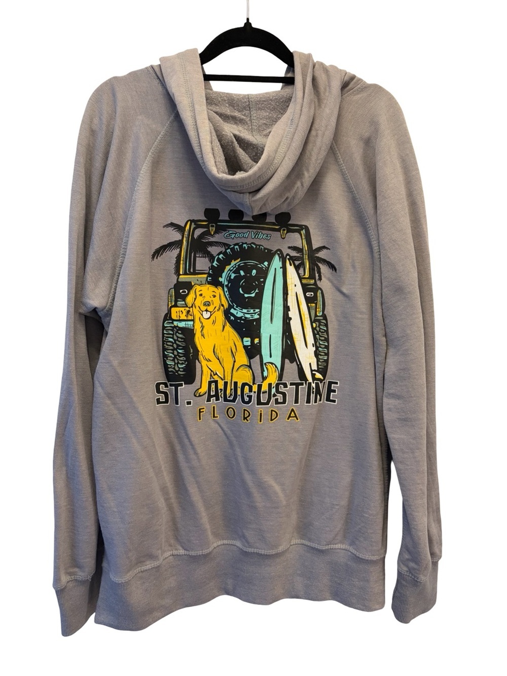St Augustine Florida Hoodie Women's Large Beach Graphic Sweatshirt Dog Surfboard